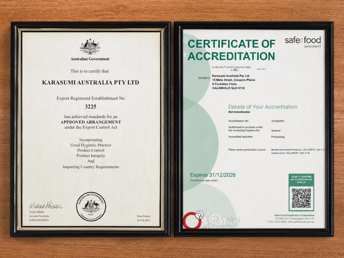Australian Government and Safe Food Queensland certificates